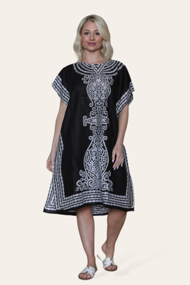 Großhändler Sumel - Mittellanges Kleid Bequemes Kaftan-Kleid mit V-Ausschnitt, Blumendruck – Ref. C-1504