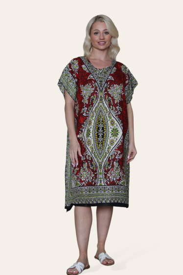 Großhändler Sumel - Mittellanges Kleid mit Kaftan-Print, afrikanisches tropisches Design. – Ref. C-1551