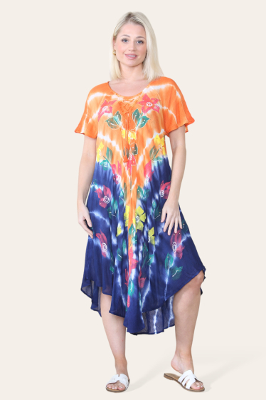 Wholesaler Sumel - Mid-length dress with flowers and diamonds. Tie & Die short sleeve drawstring. BS-556