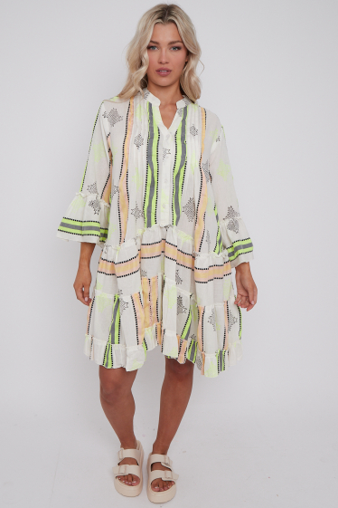 Wholesaler Sumel - Mid-length dress with long sleeves, linen effect, neon dotted stripe ref 25032