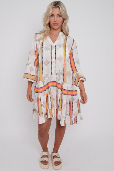Wholesaler Sumel - Mid-length dress with long sleeves, linen effect, neon dotted stripe ref 25032