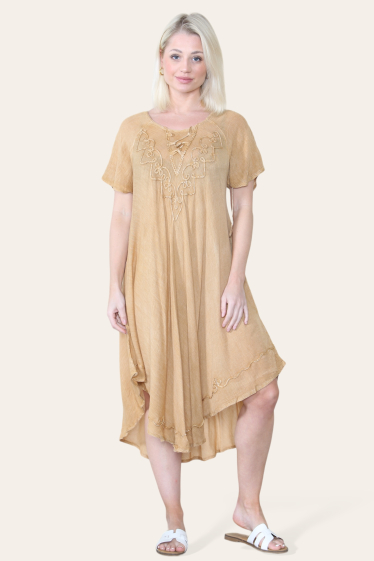 Großhändler Sumel - Mittellanges Kleid, gesticktes Muster mit Kordelzug, kurze Ärmel 6024