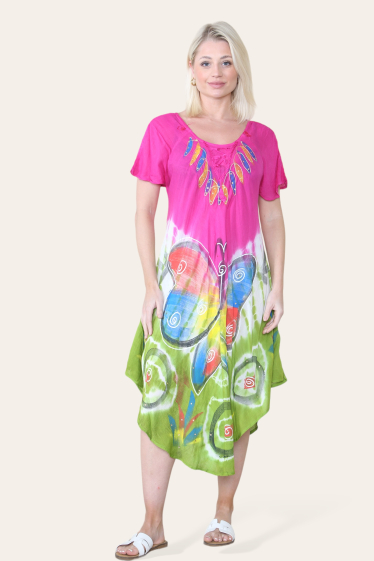 Großhändler Sumel - Mittellanges Kleid, Tie & Die Floral Butterfly-Muster, kurze Ärmel Ref-BS-557