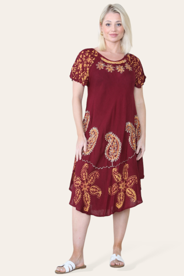 Wholesaler Sumel - Mid-Long Dress, Royal Feather Umbrella, Colorful Print Short Sleeves - 6052