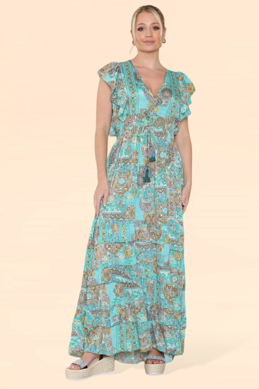 Großhändler Sumel - Damenkleid mit ärmellosem Muster und geknöpftem V-Ausschnitt, Referenz MK-358