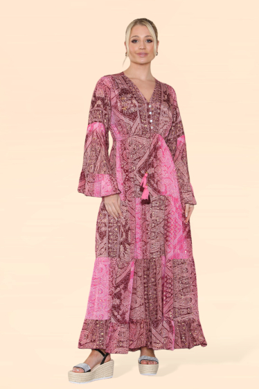 Großhändler Sumel - Damenkleid mit langen Puffärmeln und geknöpftem V-Ausschnitt; Modellreferenz MK-111