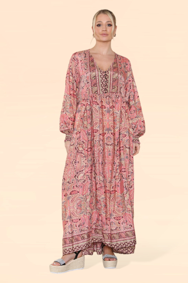 Großhändler Sumel - Damenkleid mit langen Puffärmeln und geknöpftem V-Ausschnitt, Modellreferenz MK-340