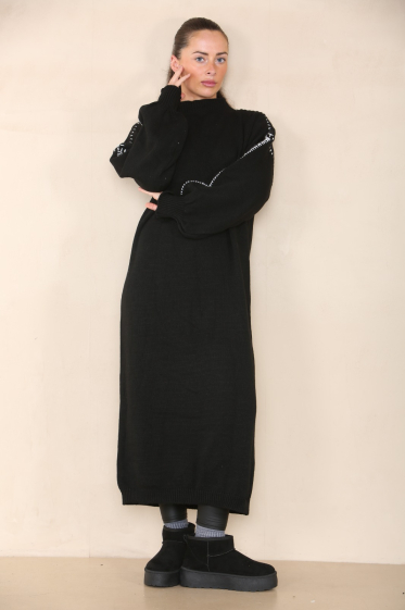 Wholesaler Sumel - Long winter sweater dress long sleeve point stitch design plain round neck ref RSLI
