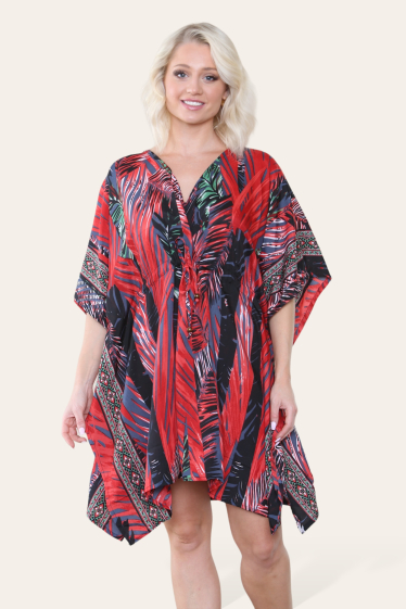 Großhändler Sumel - Kurzes Kleid mit V-Ausschnitt, langes Kleid mit tropischem Palmenprint, Ref. -7021-S