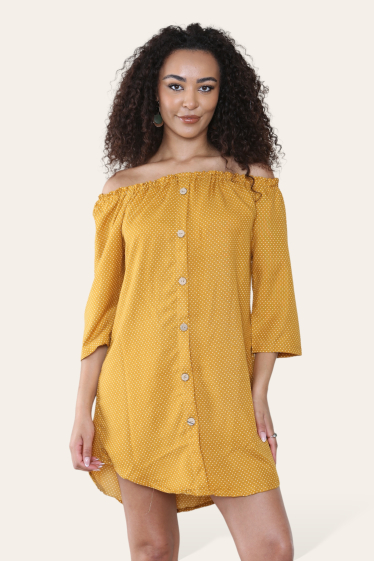 Wholesaler Sumel - Chic off-shoulder short tunic dress with white polka dots Ref-20739