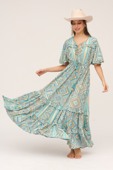 Grossiste Sumel - Robes longues pour femmes col en V et cordon de serrage. Référence AN954