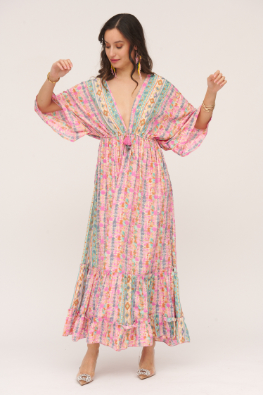 Grossiste Sumel - Robes longues pour femmes col en V et cordon de serrage. Référence AN966