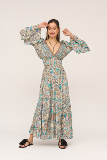 Grossiste Sumel - Robes longues pour femmes col en V et cordon de serrage. Référence AN971