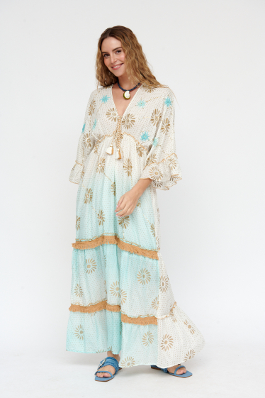 Grossiste Sumel - Robes longues pour femmes, motif à la taille avec cordon de serrage et style.