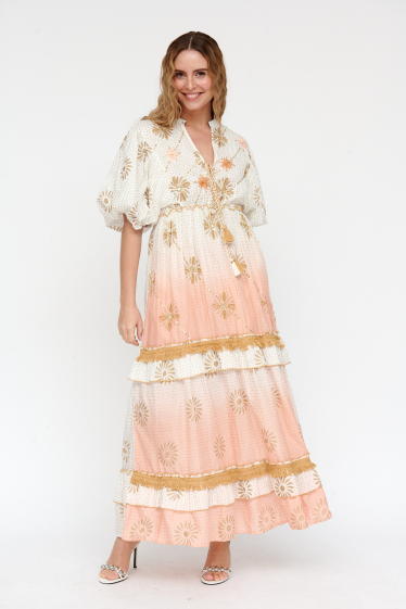 Grossiste Sumel - Robes longues pour femmes, motif à la taille avec cordon de serrage.