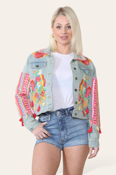 Wholesaler Sumel - Bohemian Denim Jacket Tropical Color Folk Embroidery 2 pockets Ref -11006