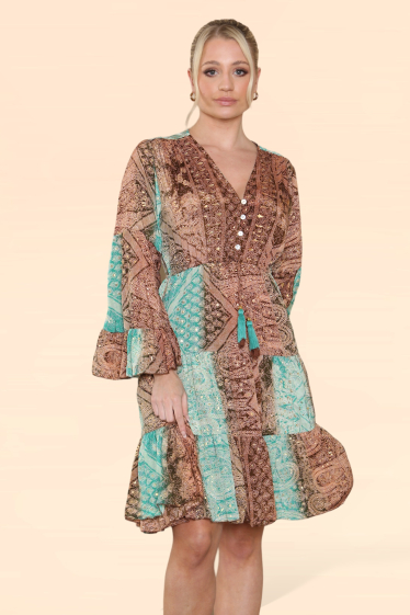 Großhändler Sumel - Kurzes Damenkleid (Musterreferenz MK-359) mit Ärmeln und geknöpftem V-Ausschnitt