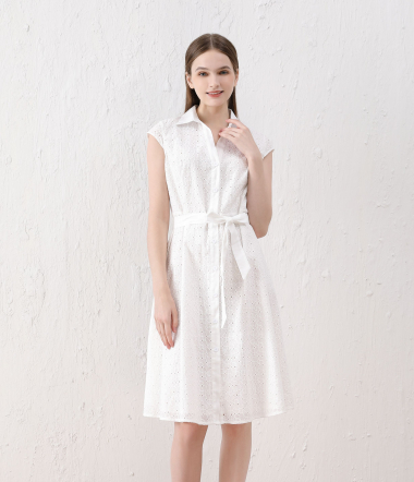 Wholesaler Sweet Miss - Lace cotton and linen shirt dress with belt and lining