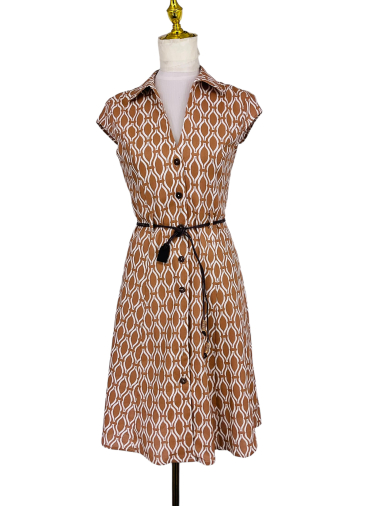 Wholesaler Sweet Miss - Printed cotton and linen V-neck shirt dress with belt
