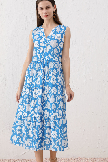 Wholesaler Sweet Miss - Floral printed V-neck cotton shirt dress
