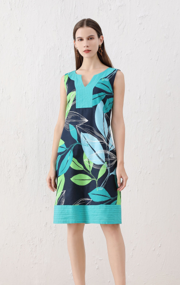 Wholesaler Sweet Miss - V-neck foliage print dress in cotton and linen