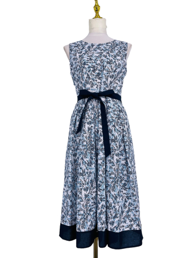 Wholesaler Sweet Miss - Cotton and linen foliage print dress with belt