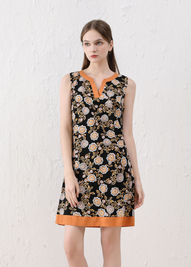 Wholesaler Sweet Miss - Floral printed V-neck dress in cotton and linen with lining