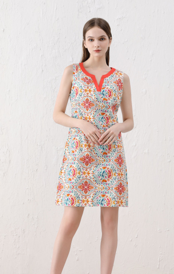 Wholesaler Sweet Miss - Floral printed V-neck dress in cotton and linen