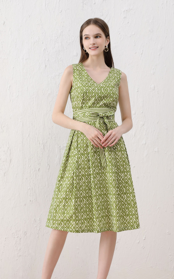 Wholesaler Sweet Miss - Geometric printed V-neck cotton dress with belt