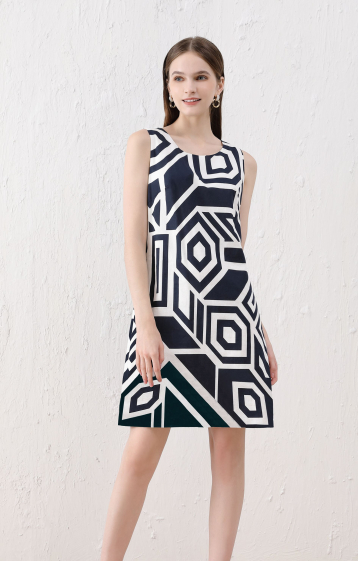 Wholesaler Sweet Miss - Geometric printed cotton and linen dress