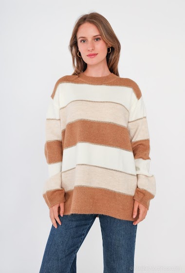 Wholesaler Tandem - Round neck striped sweater with gold thread between 2 colors