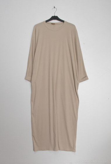 Großhändler Tendance - Abaya mit rundem Halsausschnitt, breiten, hochgekrempelten Ärmeln und Tasche