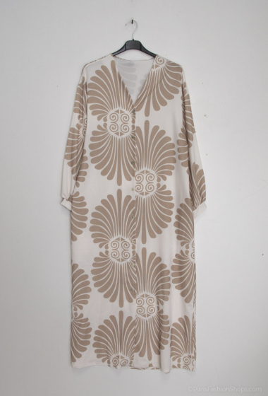 Großhändler Tendance - Abaya-Kleid mit Pfauenmuster, V-Ausschnitt und Knöpfen