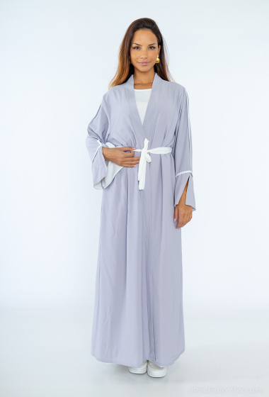 Grossiste Tendance - ensemble bicolore kimono ceinture abaya liserai manche fendu revers bicolore