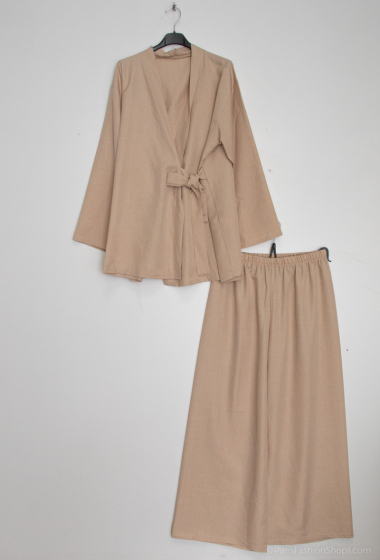 Wholesaler Tendance - Wrap-around kimono top set with wide imitation linen pants
