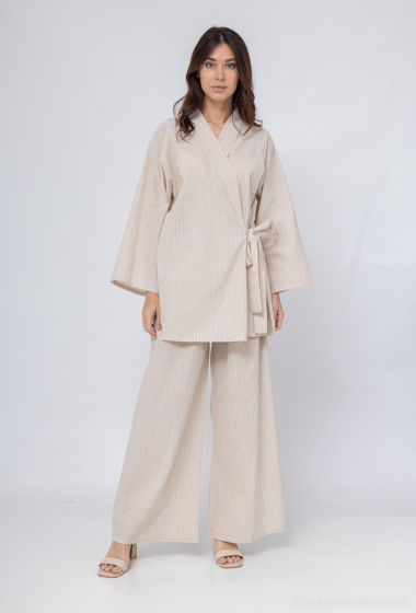 Wholesaler Tendance - Wrap-around kimono top set with striped imitation linen wide pants