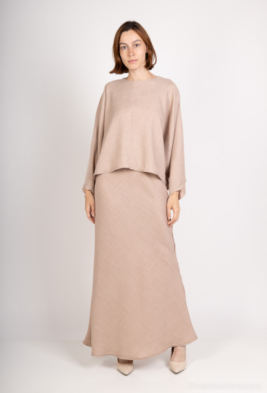 Wholesaler Tendance - short top with wide batwing sleeves and long imitation linen skirt set
