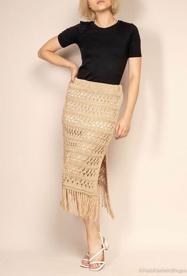 Wholesaler RAVIBELLE - Perforated knit skirt with fringe with slit (lurex) | RAVI-4011