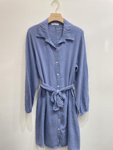 Grossiste RAVIBELLE - Robe chemise en gaze de coton ceinturée