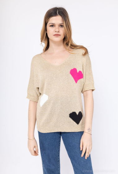 Wholesaler Tendance - gold knit sweater with heart pattern v-neck short sleeve