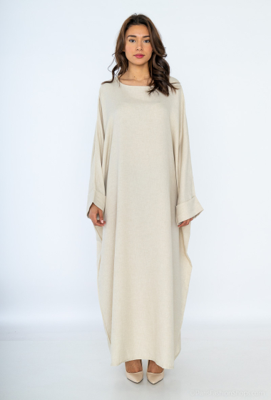 Grossiste Tendance - robe abaya motif rayure tissu imitation lin manche retroussée