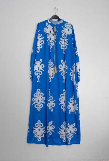 Großhändler Tendance - Langes bedrucktes Kleid mit Puffärmeln und Mao-Ponpon-Kragen