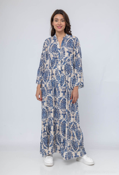 Wholesaler Tendance - long dress with mandarin collar, long sleeves, viscose print