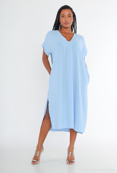 Wholesaler Tendance - long dress short sleeve v-neck with pocket