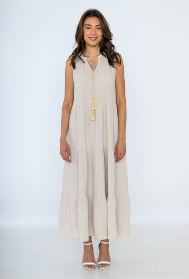 Wholesaler Tendance - long sleeveless dress babydoll cord pompom collar cotton gas fabric