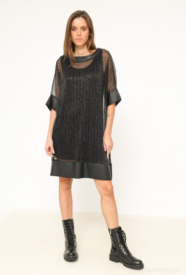 Wholesaler Tendance - MESH TOP WITH LEATHER NECKLINE AND SLEEVE