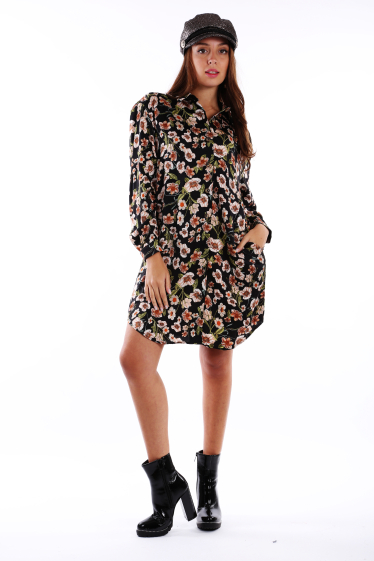 Wholesaler TINA - Shirt long sleeves Black floral Mi-long dress
