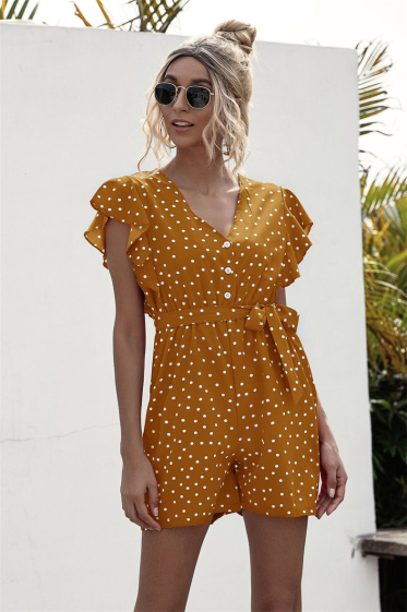 Wholesaler PRETTY SUMMER - Stylish jumpsuits with bow and buttons, short sleeves, polka dot print