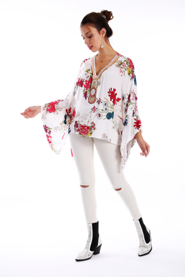 Wholesaler TINA - White & Red Floral Bead-Accent Cape-Sleeve Top