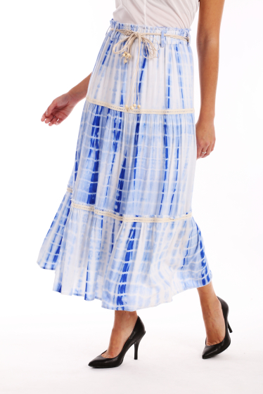 Wholesaler TINA - Blue & White Tie-Dye Belted Tiered Midi Skirt
